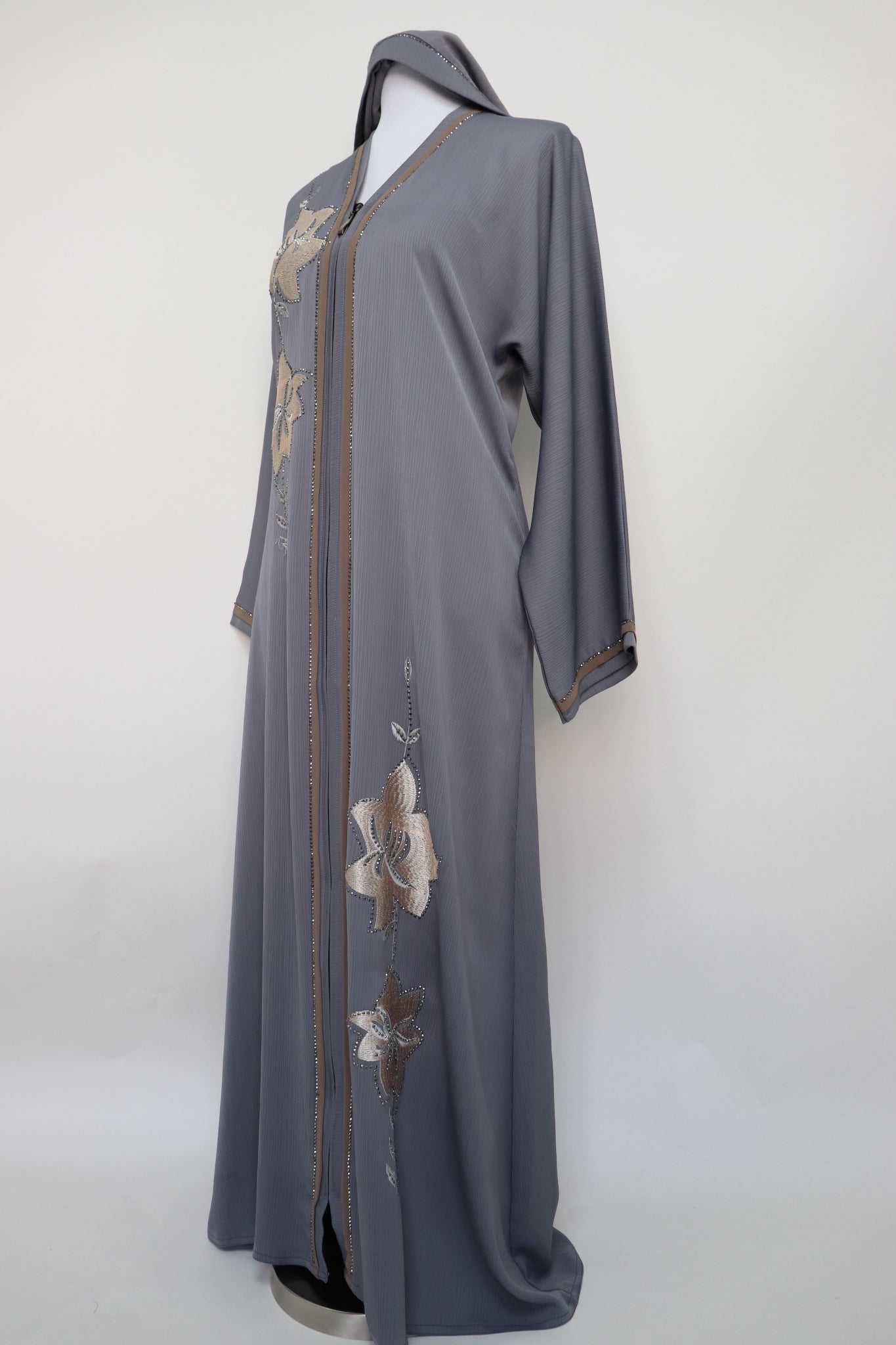 Full Zip Embroidery Abaya - Gray