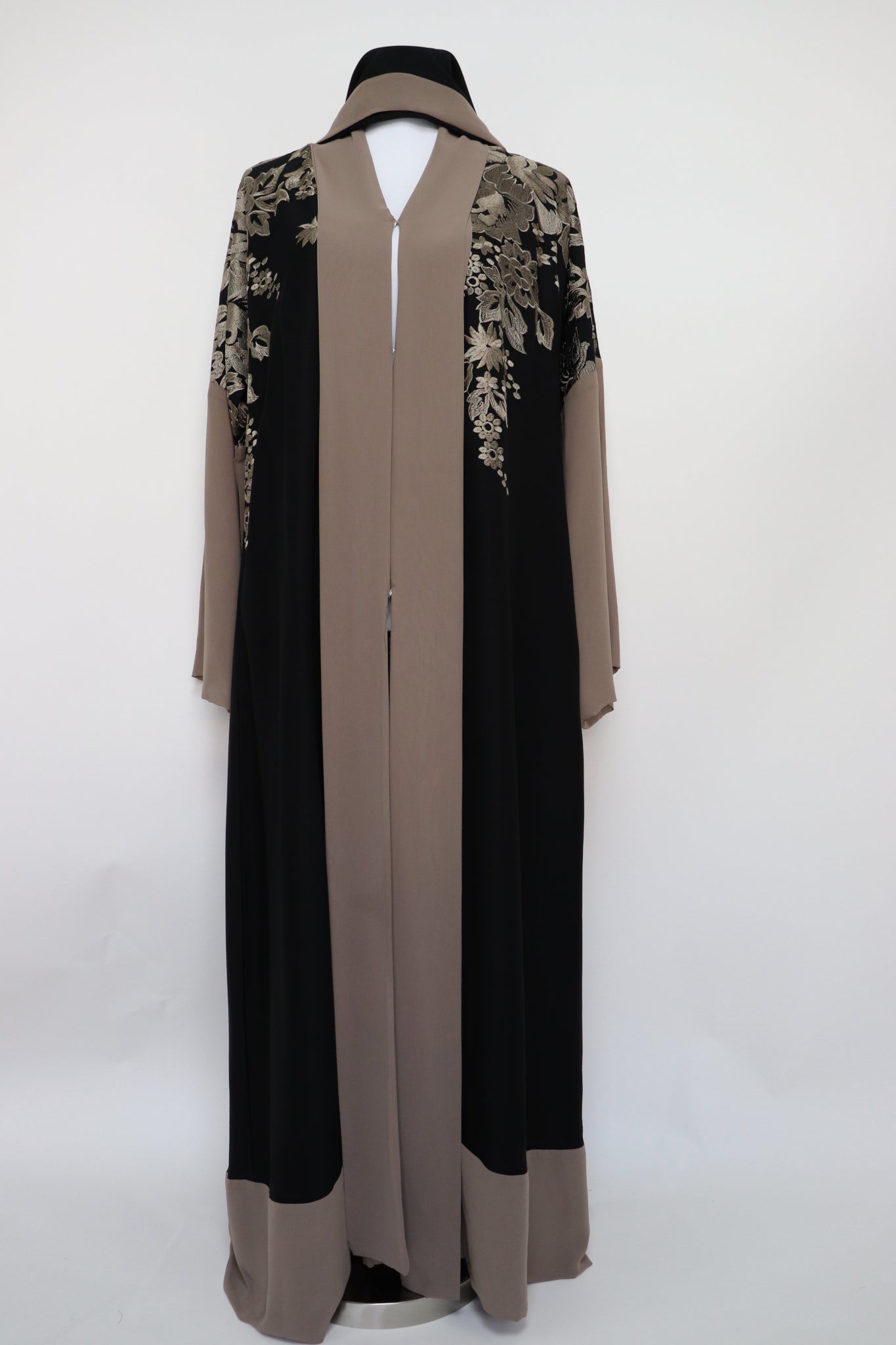 Open Embroidery Abaya - Black Taupe