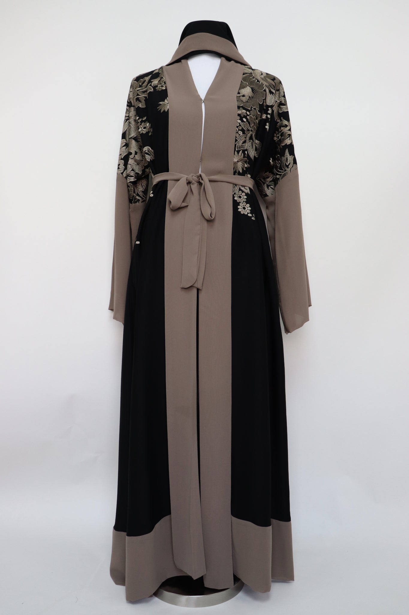 Open Embroidery Abaya - Black Taupe