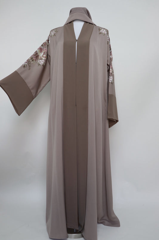 Open Embroidery Abaya - Taupe