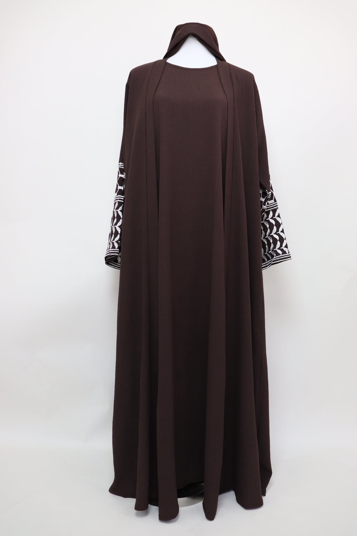 Keffiyeh 3 Piece Set Open Kimono Abaya - Choco Brown