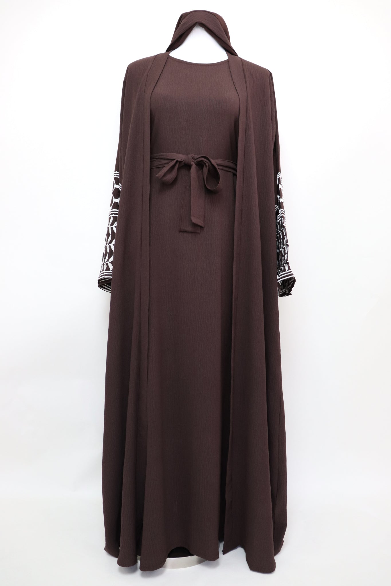 Keffiyeh 3 Piece Set Open Kimono Abaya - Choco Brown