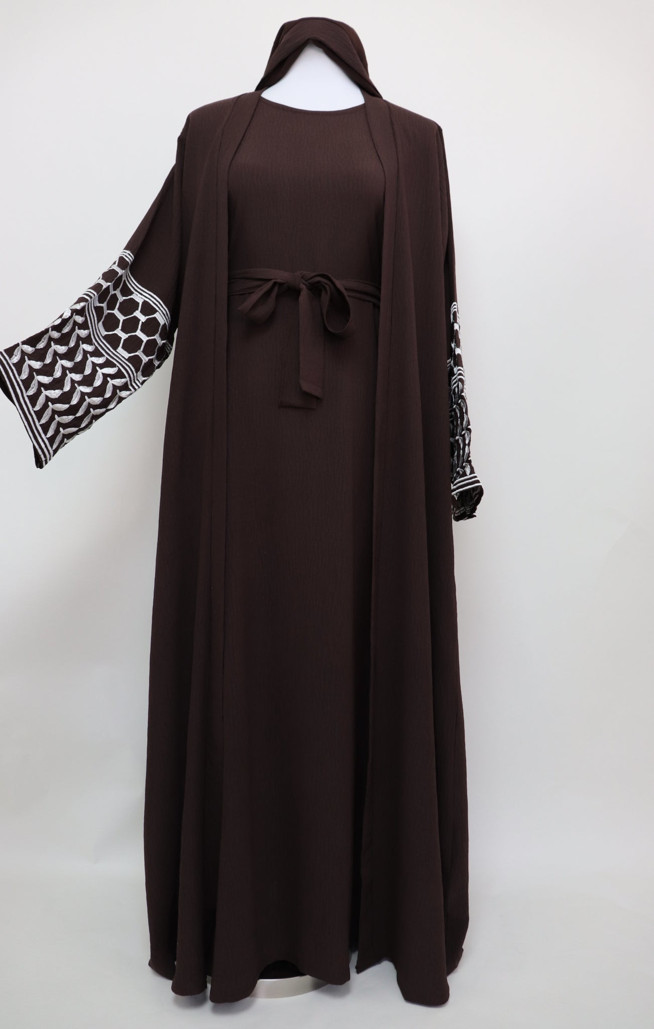 Keffiyeh 3 Piece Set Open Kimono Abaya - Choco Brown