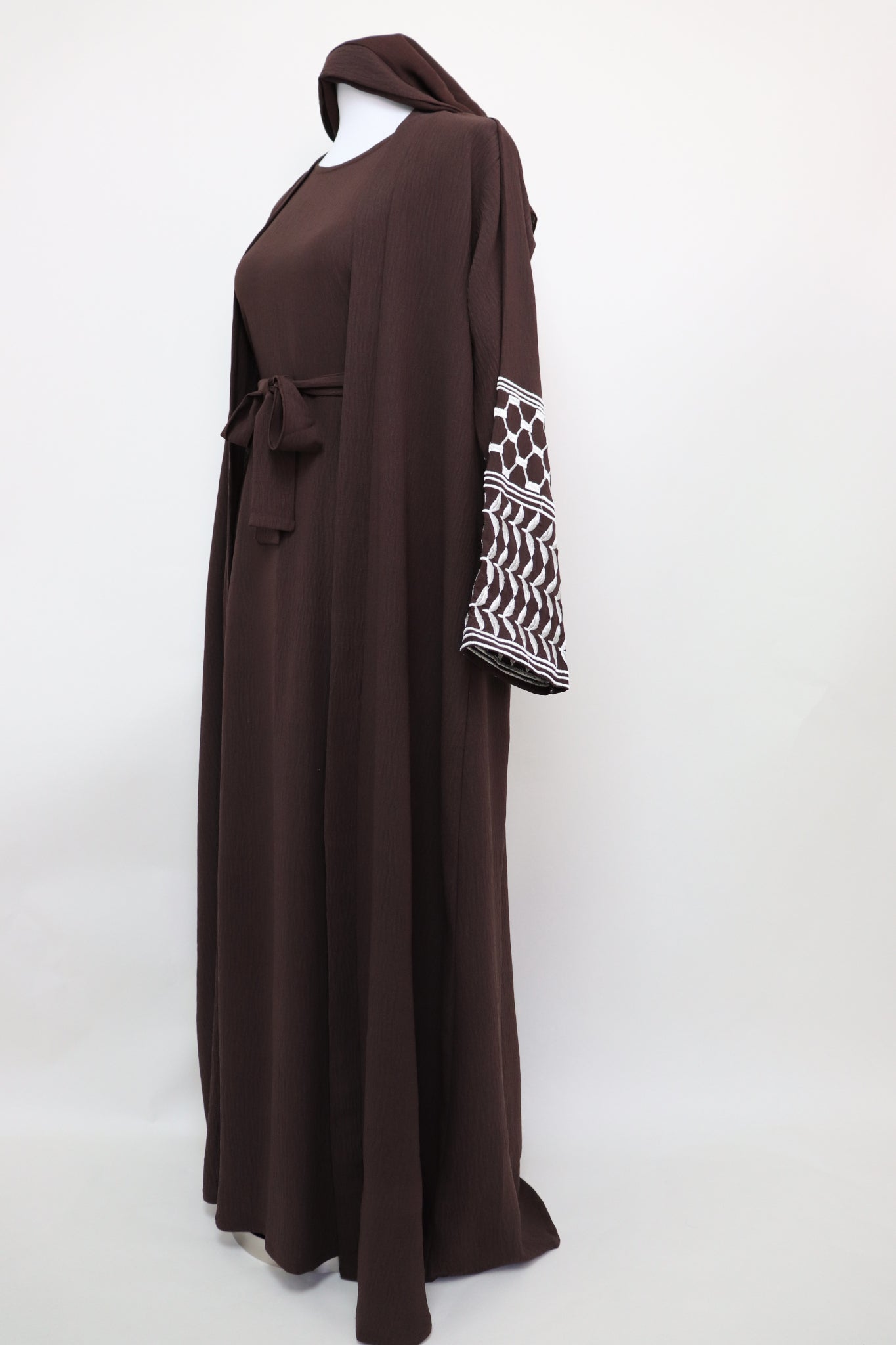 Keffiyeh 3 Piece Set Open Kimono Abaya - Choco Brown