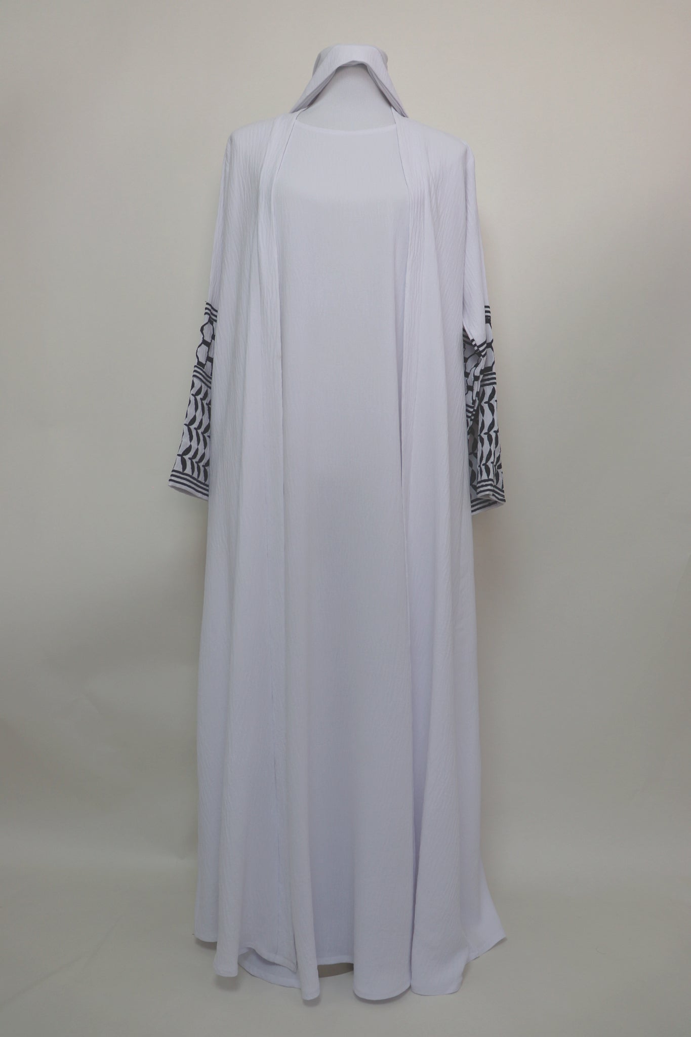 Keffiyeh 3 Piece Set Open Kimono Abaya - White