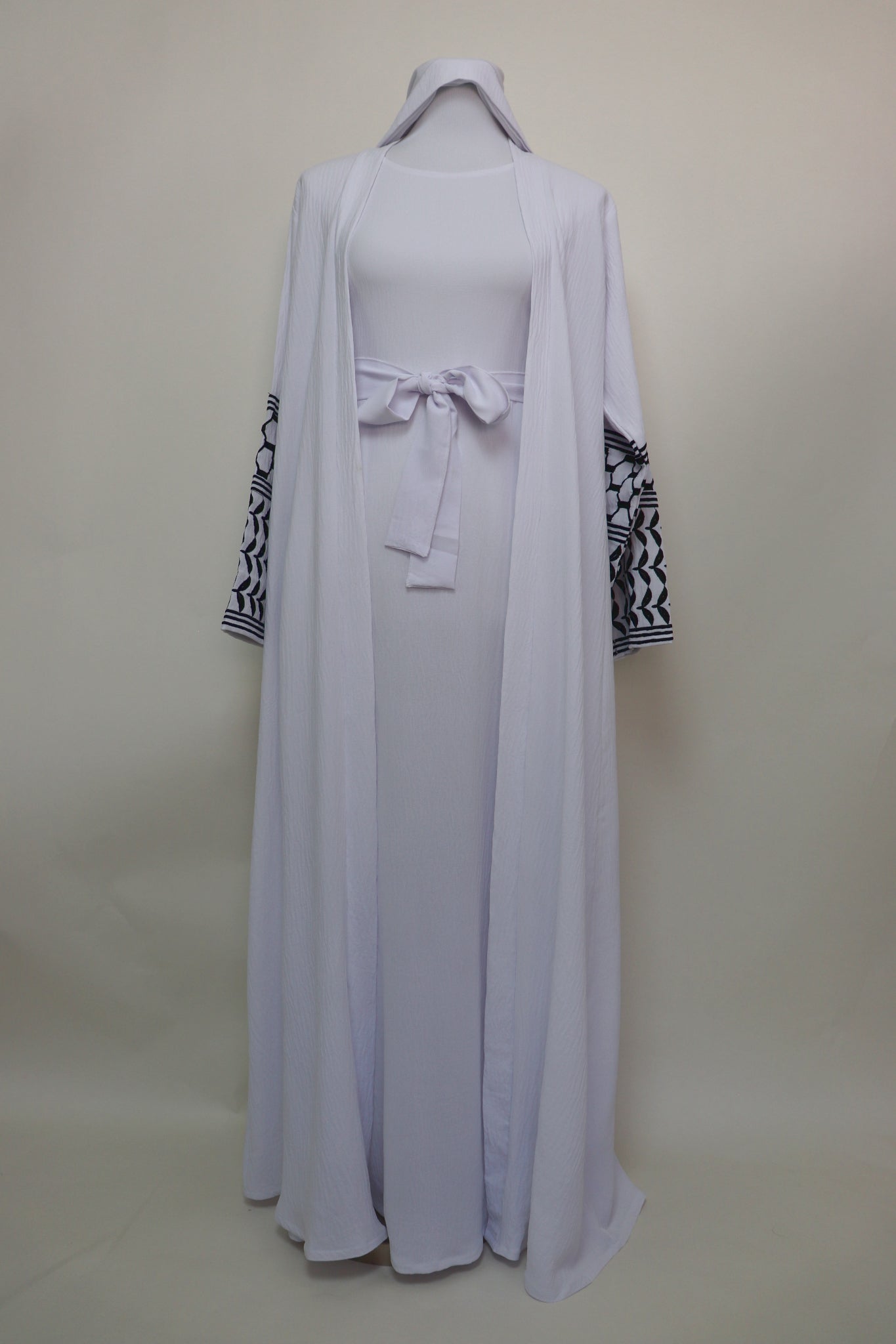 Keffiyeh 3 Piece Set Open Kimono Abaya - White