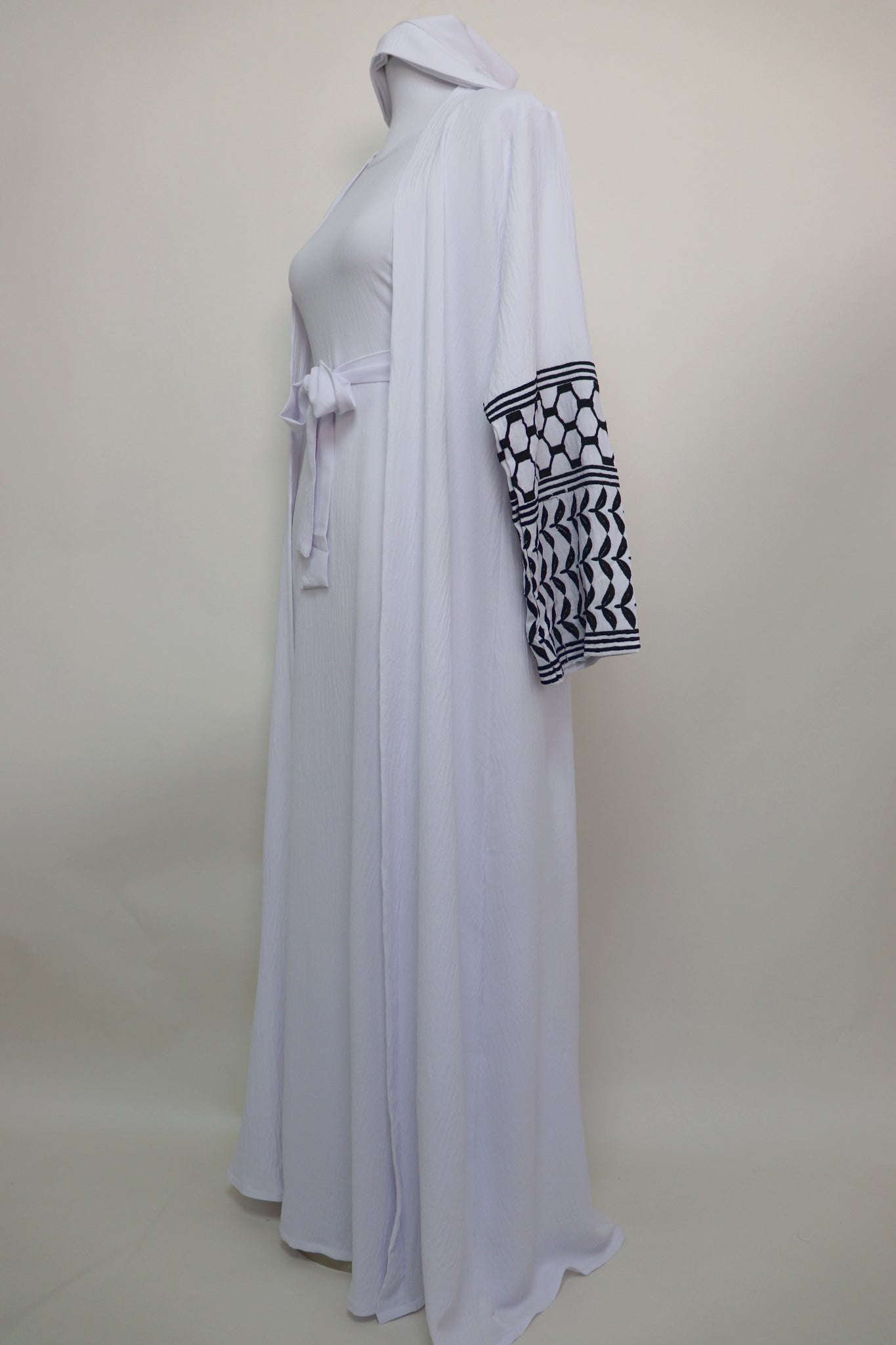 Keffiyeh 3 Piece Set Open Kimono Abaya - White