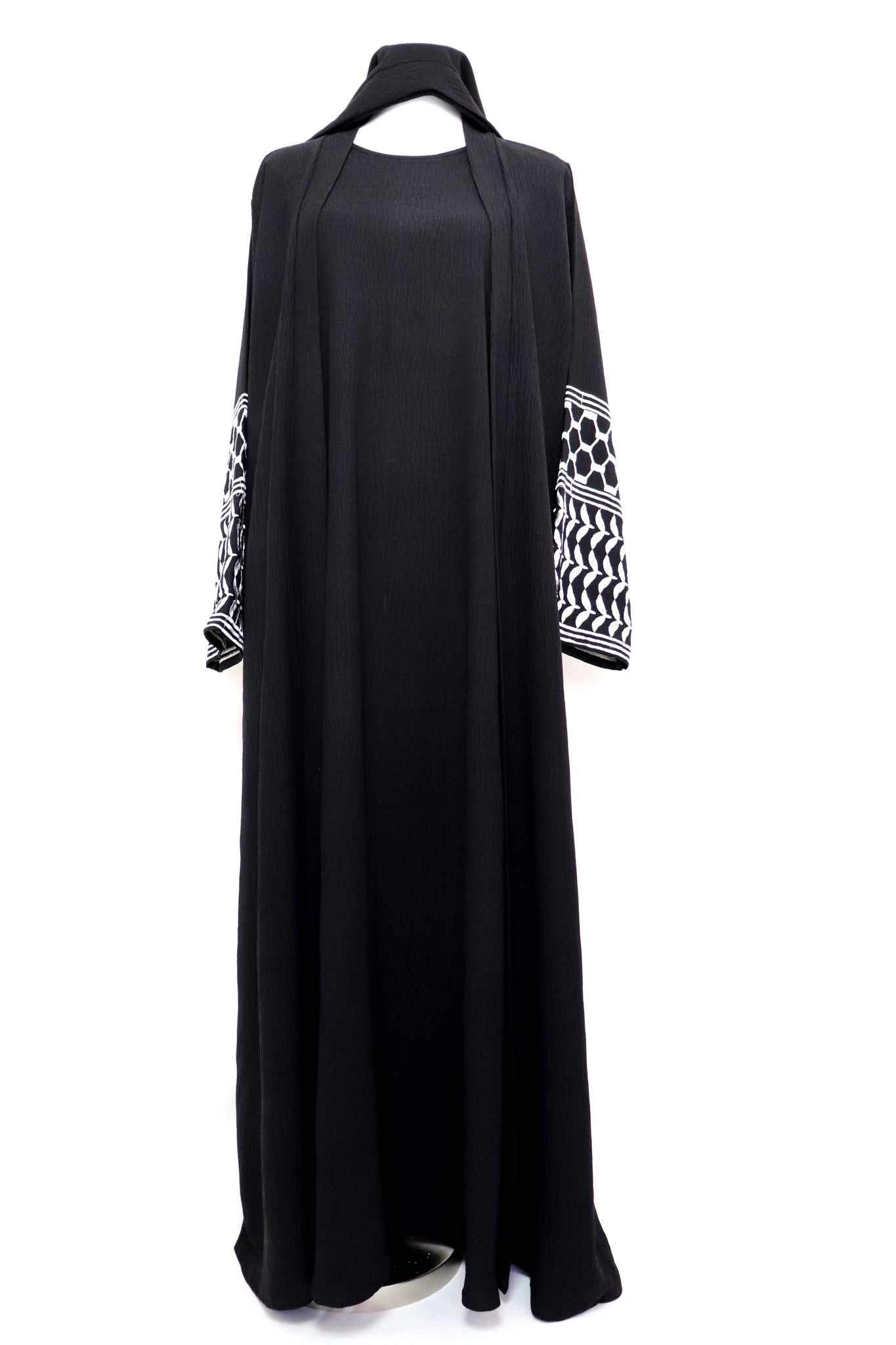 Keffiyeh 3 Piece Set Open Kimono Abaya - Black