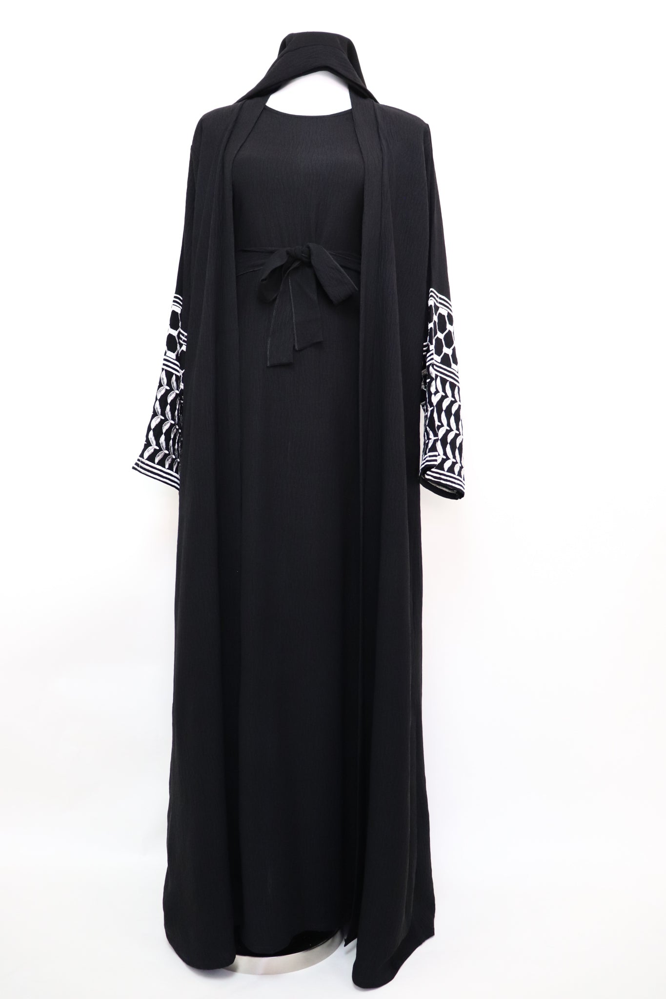 Keffiyeh 3 Piece Set Open Kimono Abaya - Black