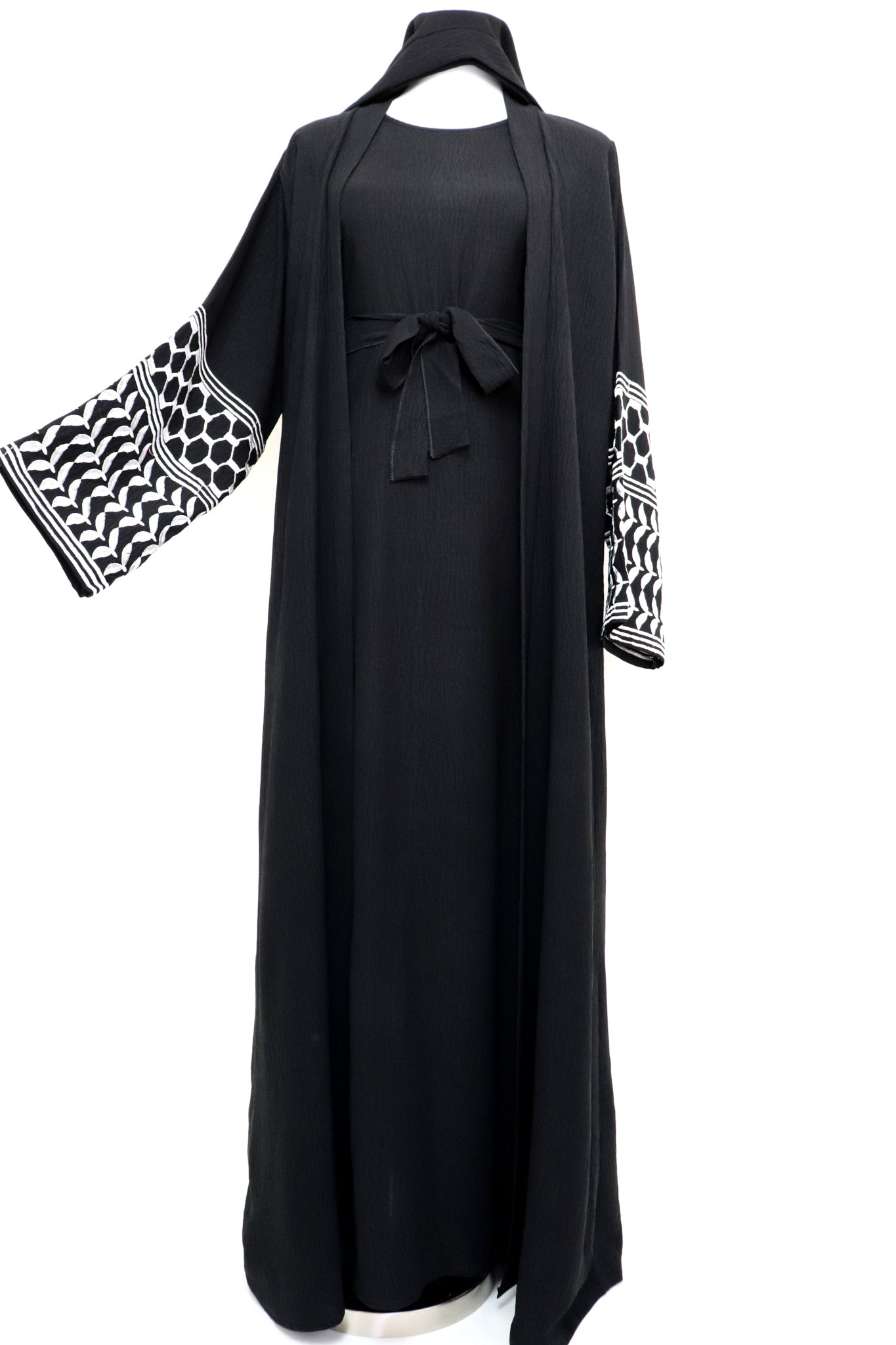 Keffiyeh 3 Piece Set Open Kimono Abaya - Black