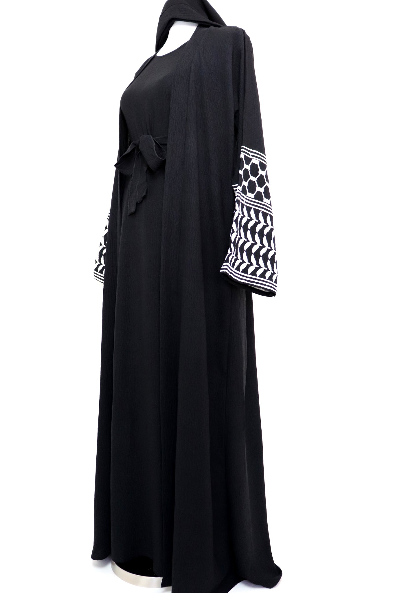 Keffiyeh 3 Piece Set Open Kimono Abaya - Black