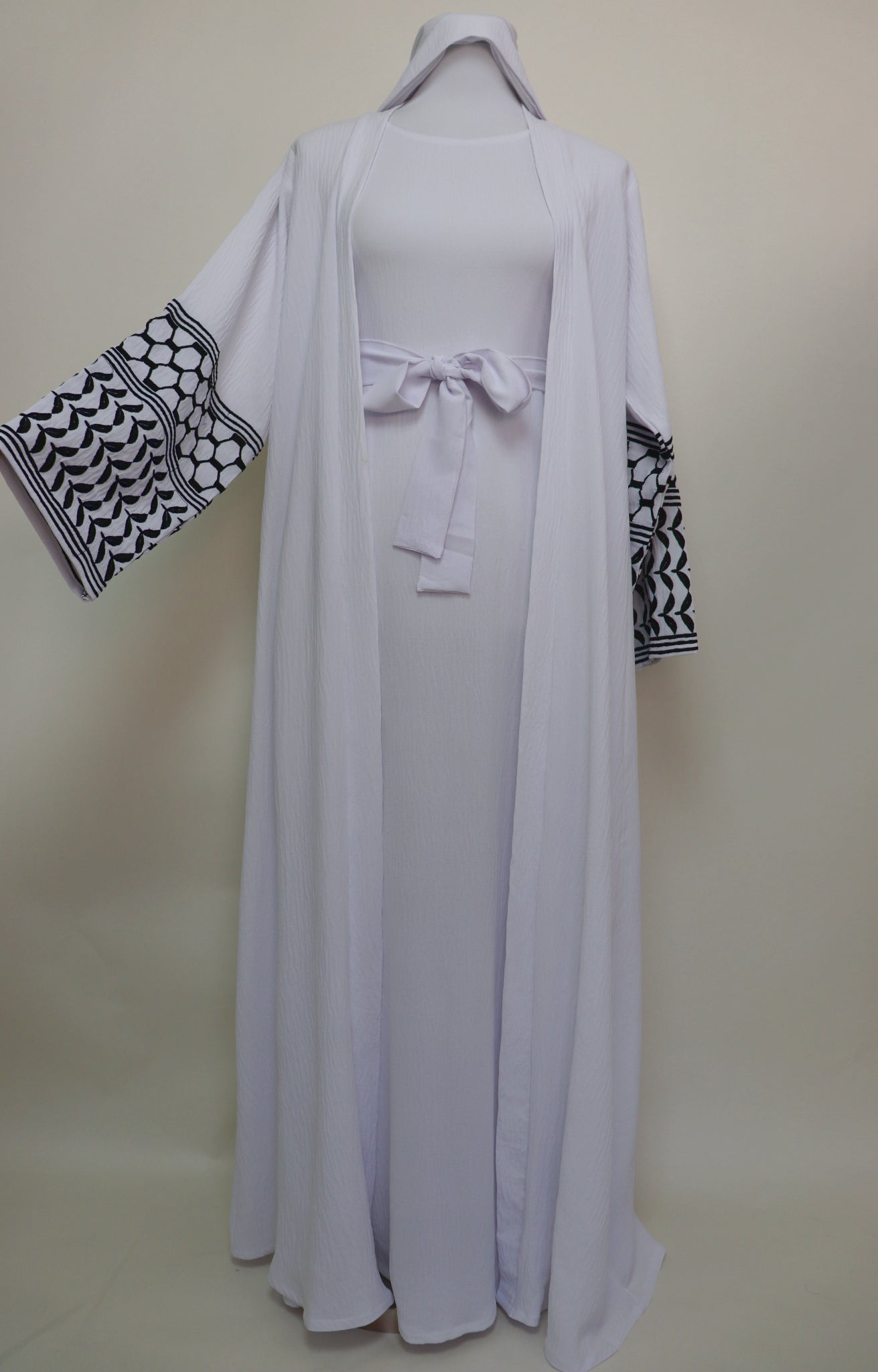 Keffiyeh 3 Piece Set Open Kimono Abaya - White