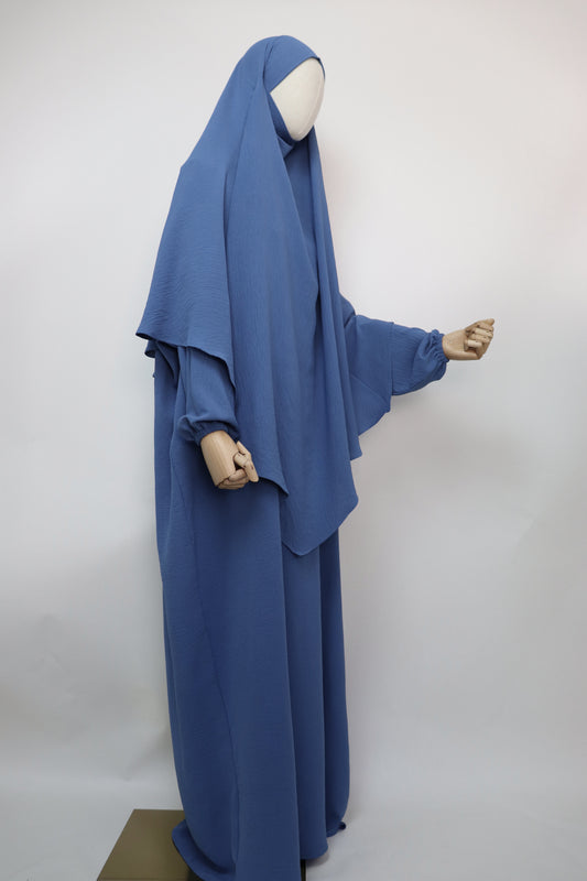 Semi Batwing Abaya and Diamond Khimar Set - Dusty Blue