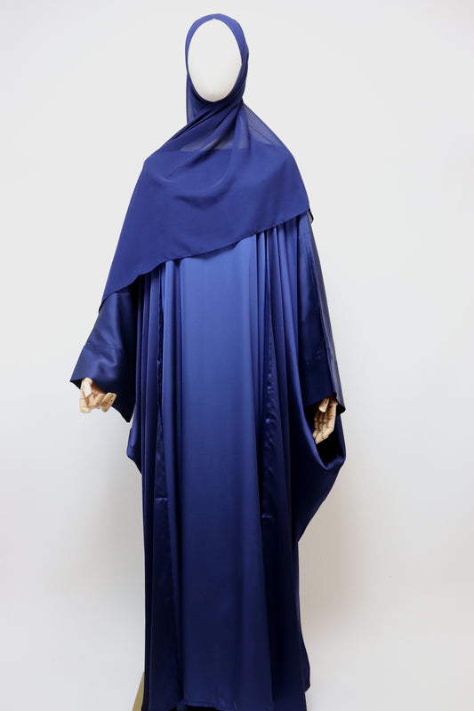 3 Piece Set Satin Open Bisht Abaya - Navy