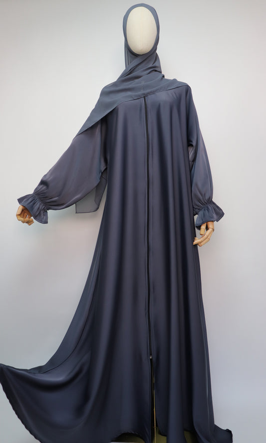 Full Zip Semi Flare Crinkle Abaya - Bluish Gray