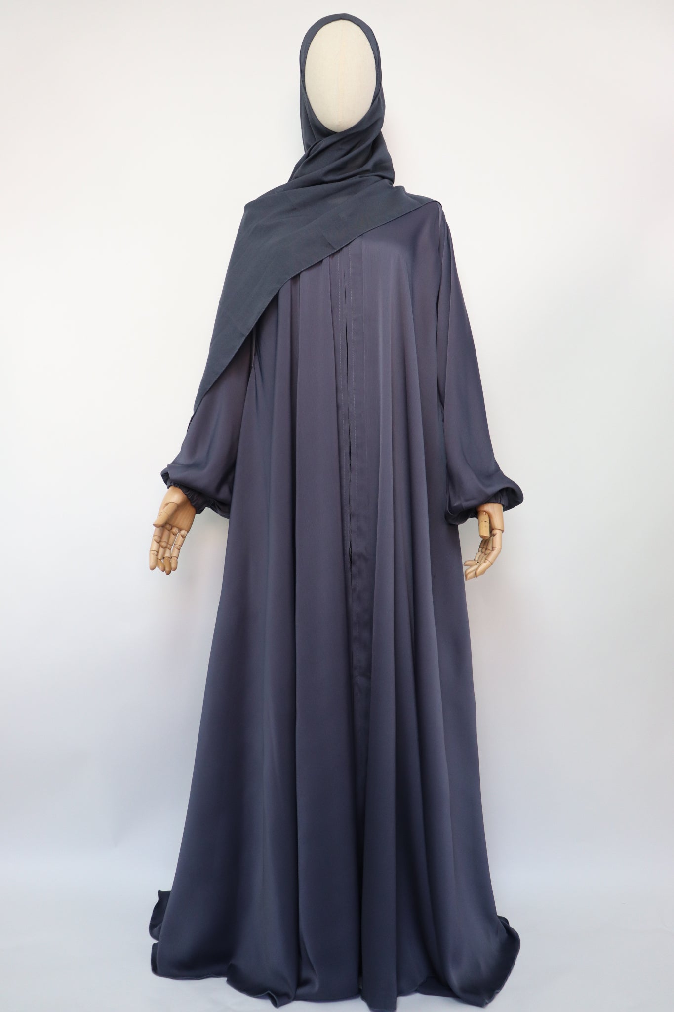Full-zip Cuffed Flare Umbrella Abaya - Bluish Gray