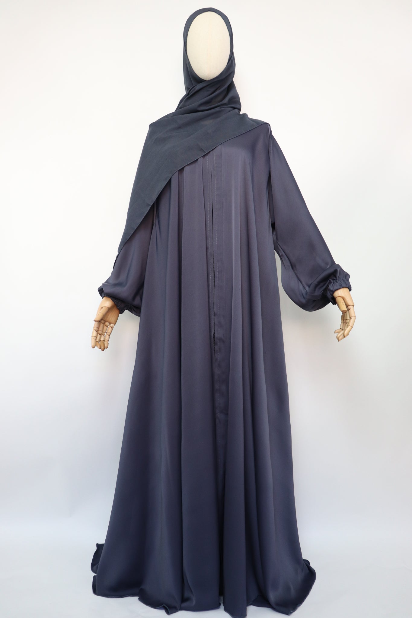 Full-zip Cuffed Flare Umbrella Abaya - Bluish Gray