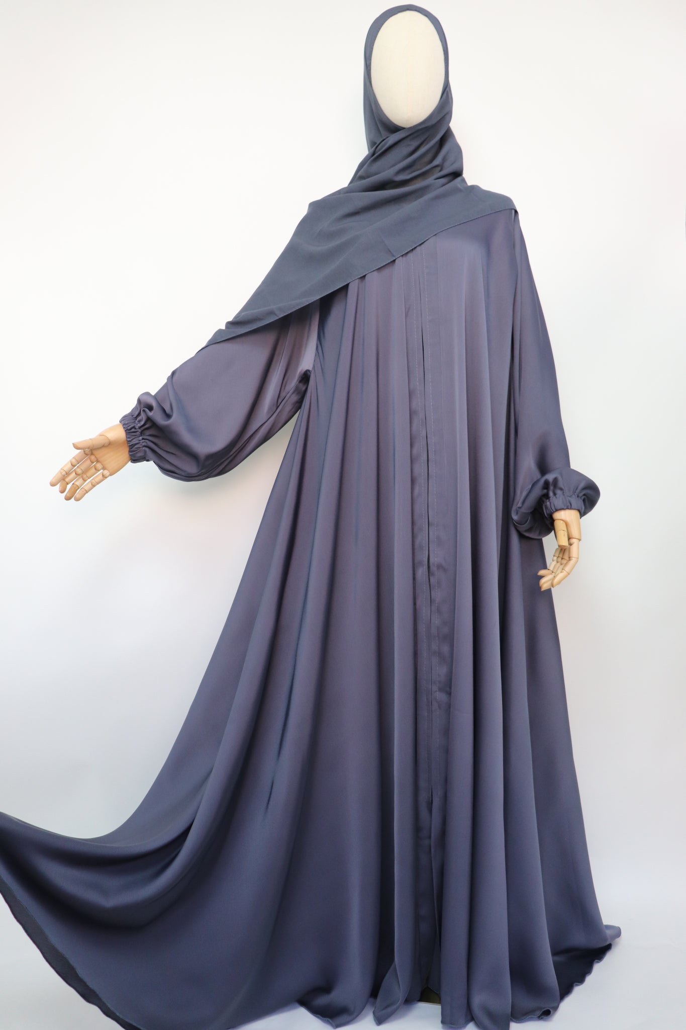 Full-zip Cuffed Flare Umbrella Abaya - Bluish Gray