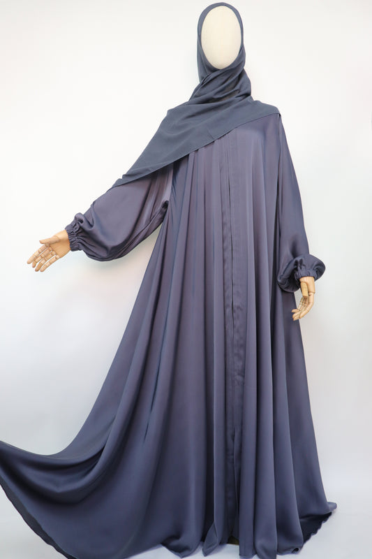 Full-zip Cuffed Flare Umbrella Abaya - Bluish Gray