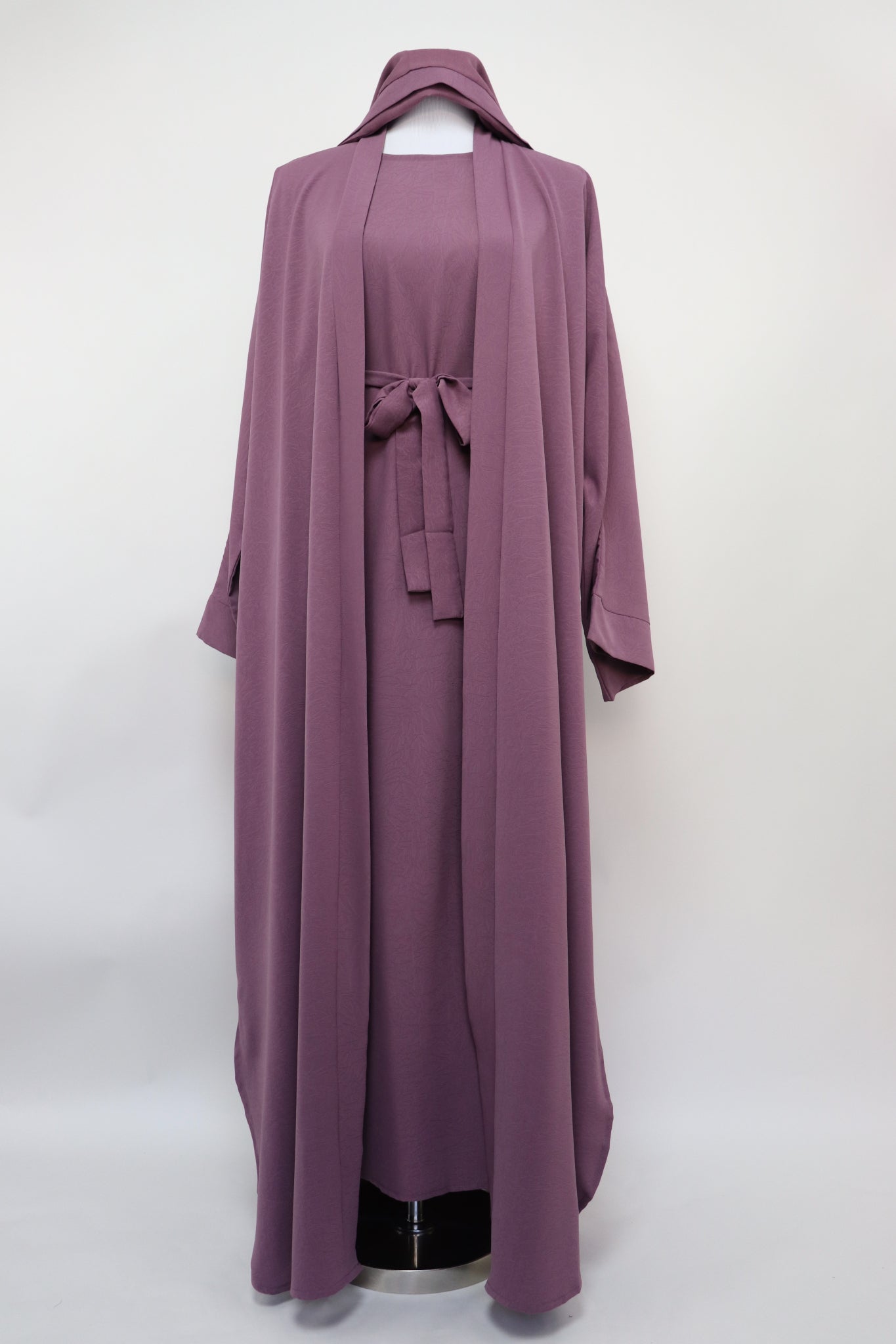 3 Piece Set Marble Open Kimono Abaya - Mauve