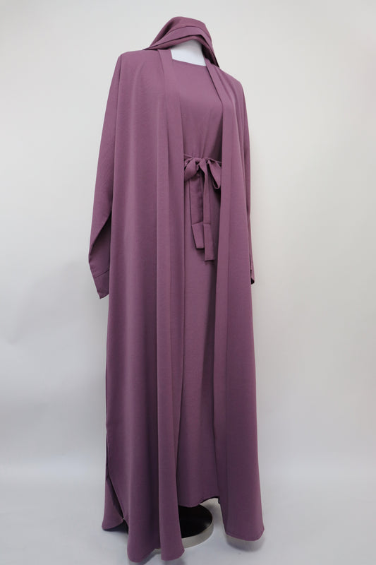 3 Piece Set Marble Open Kimono Abaya - Mauve