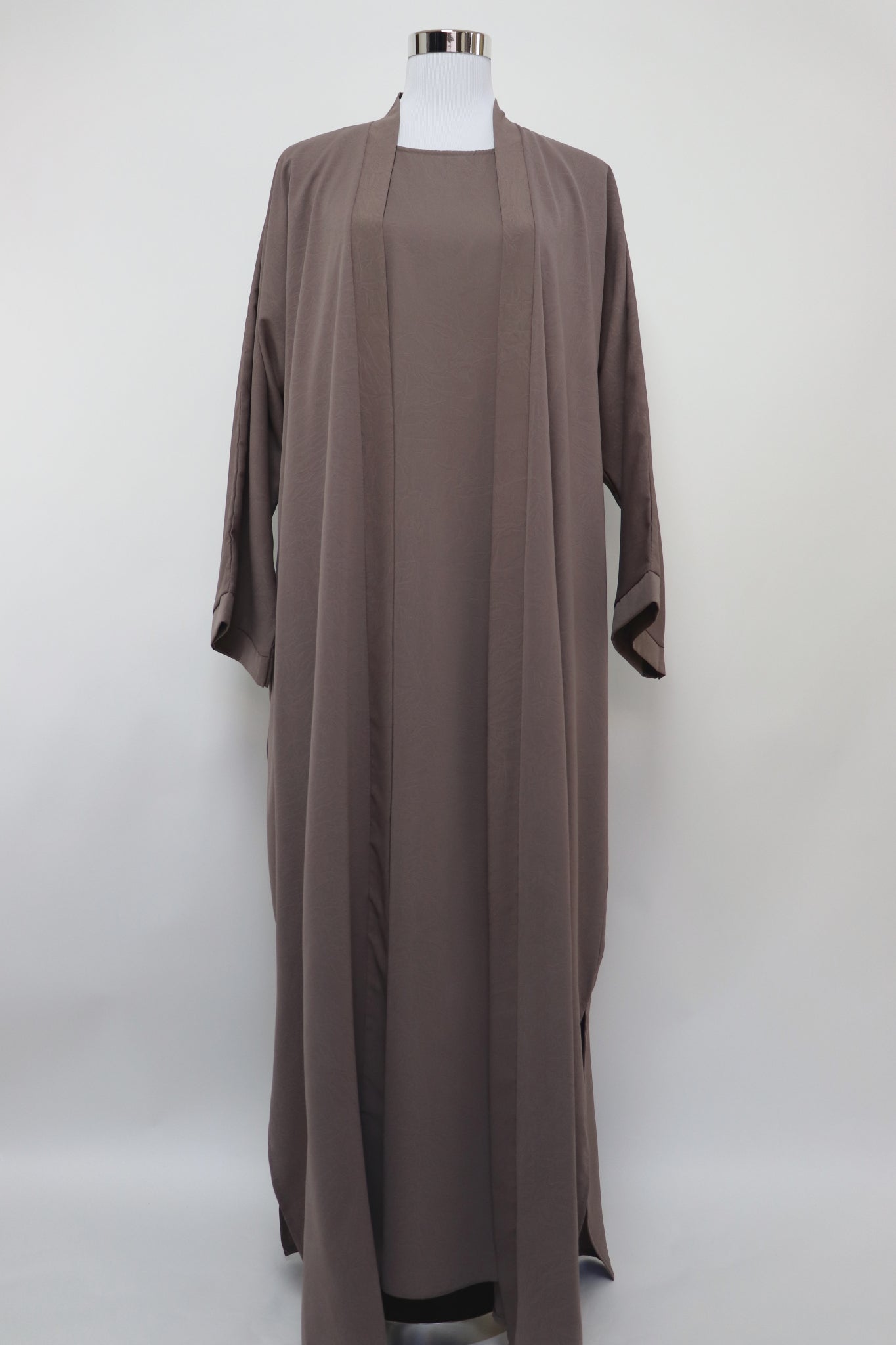 3 Piece Set Marble Open Kimono Abaya - Deep Taupe