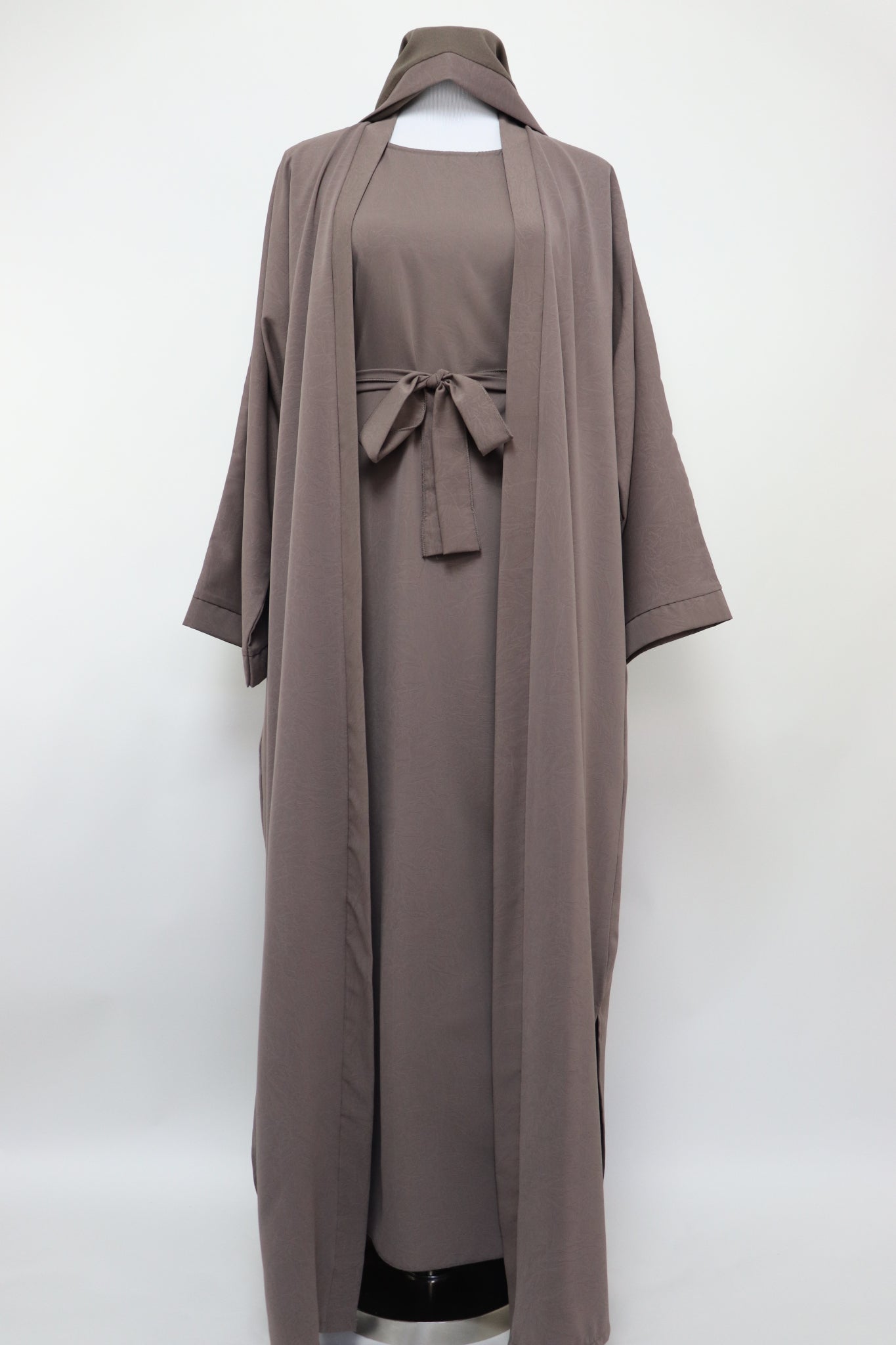 3 Piece Set Marble Open Kimono Abaya - Deep Taupe