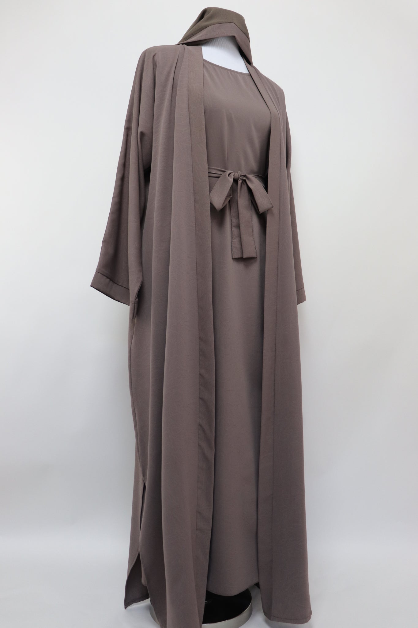 3 Piece Set Marble Open Kimono Abaya - Deep Taupe