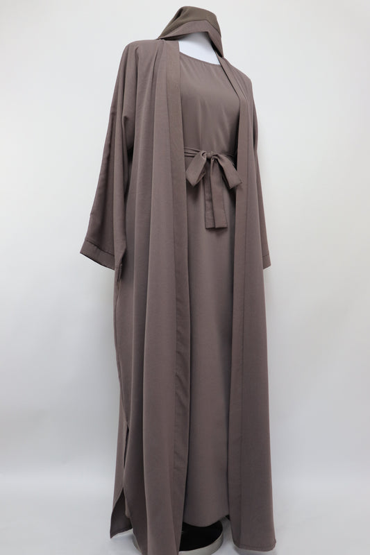 3 Piece Set Marble Open Kimono Abaya - Deep Taupe