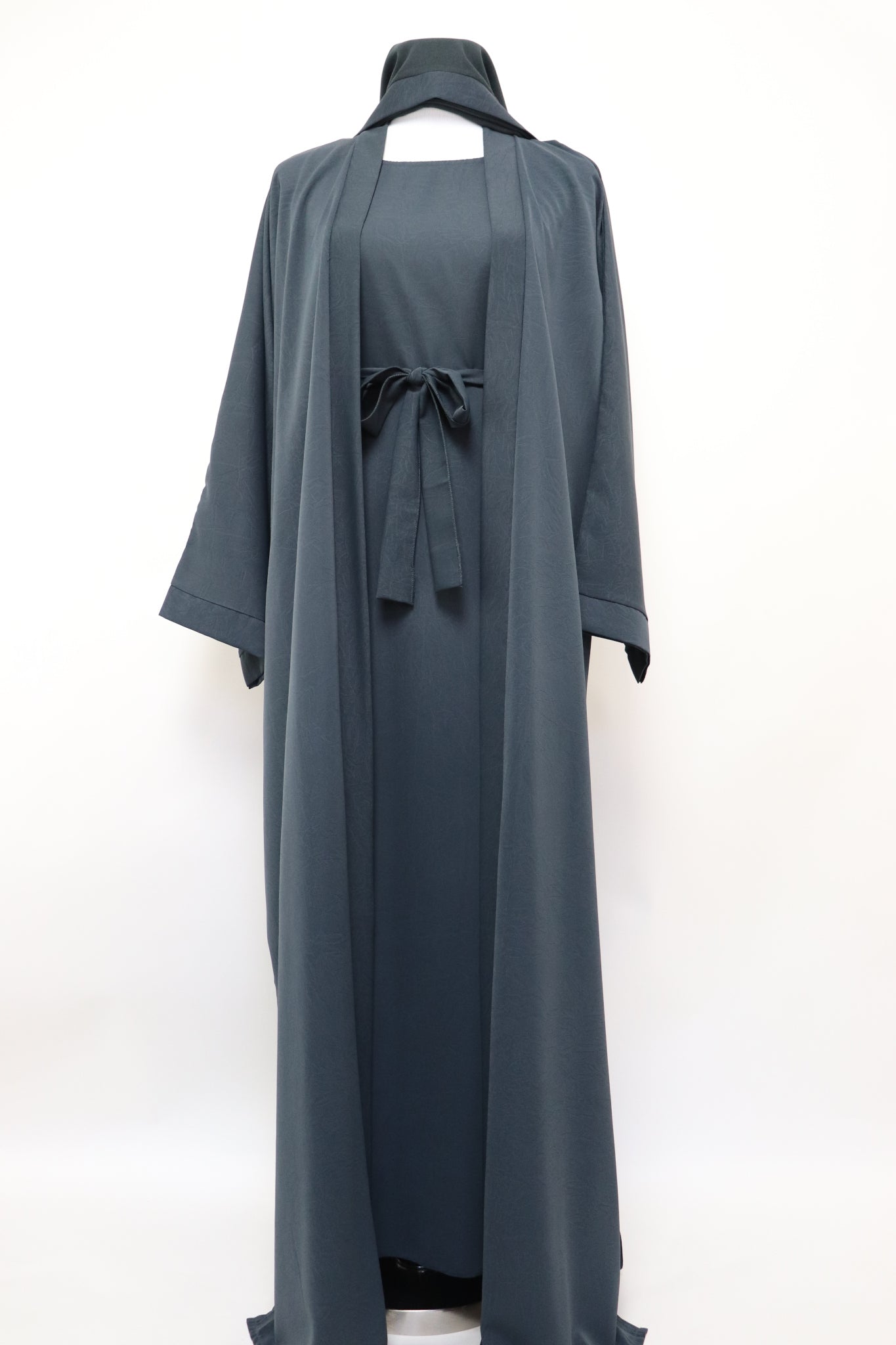 3 Piece Set Marble Open Kimono Abaya - Charcoal