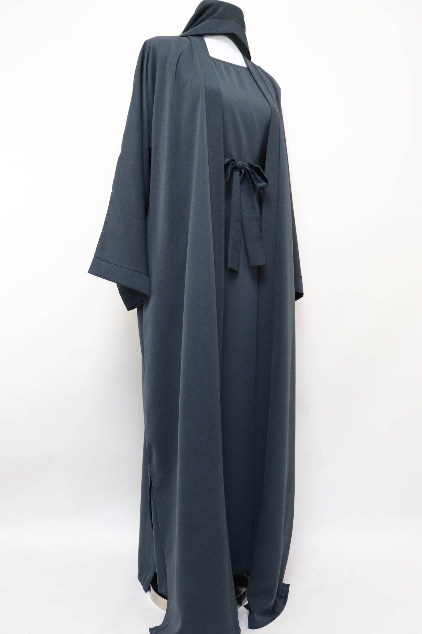 3 Piece Set Marble Open Kimono Abaya - Charcoal