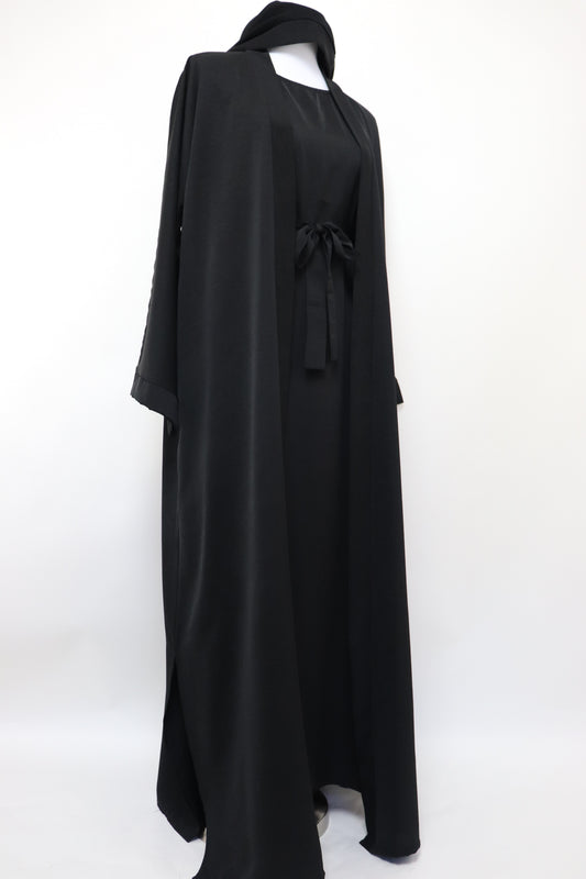 3 Piece Set Marble Open Kimono Abaya - Black