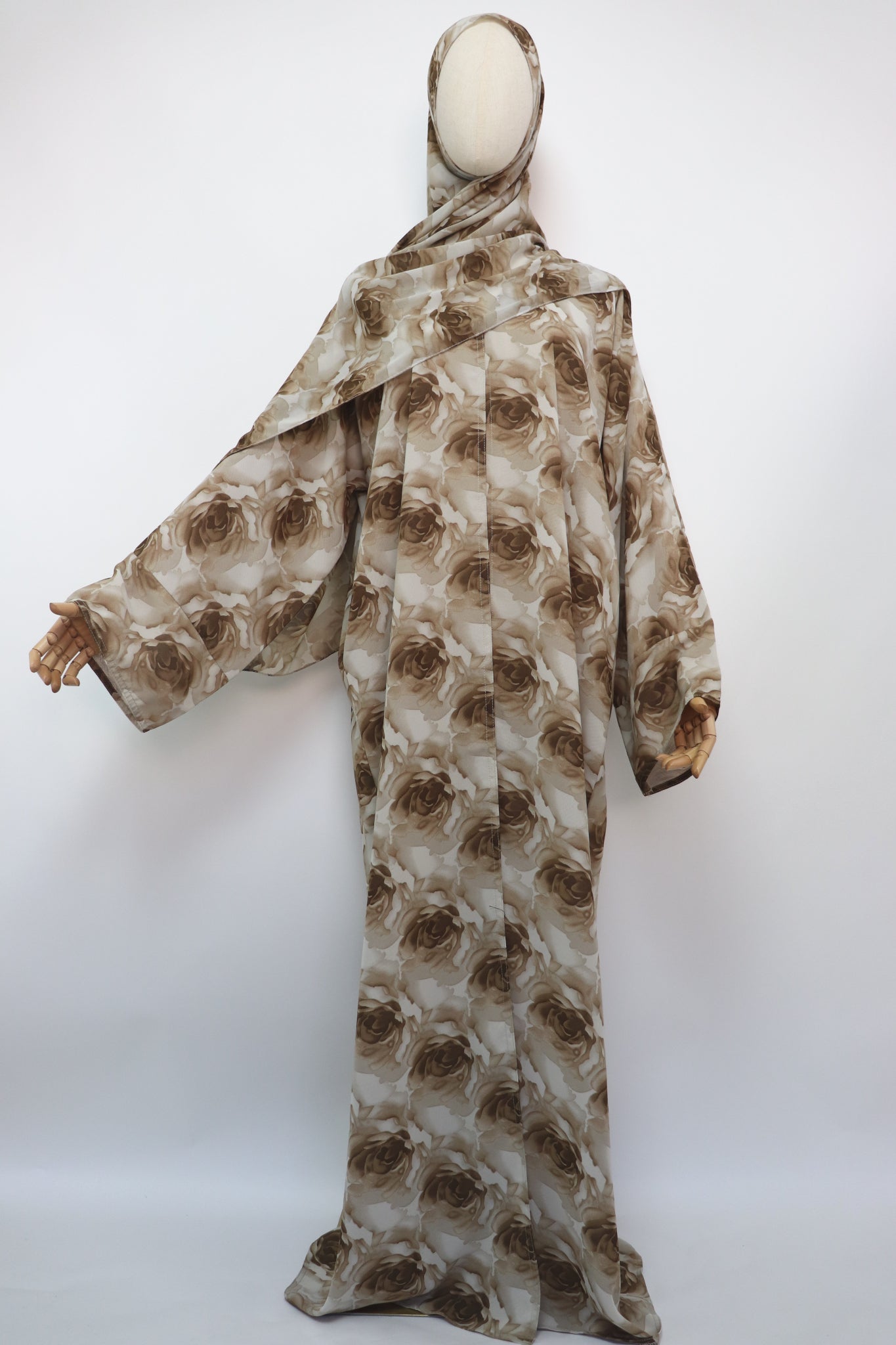 Floral Print Chiffon Open Abaya - Taupe Brown