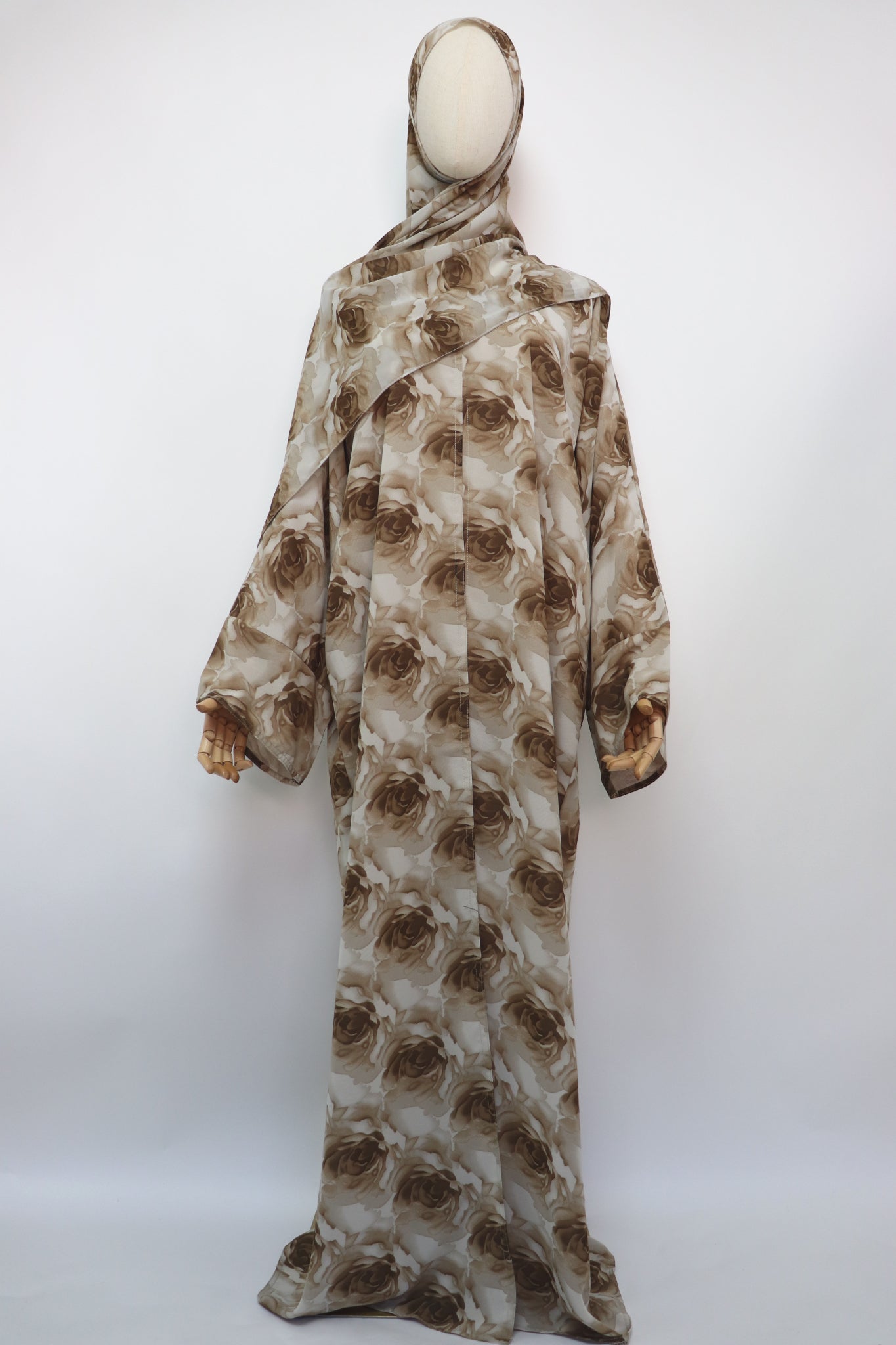 Floral Print Chiffon Open Abaya - Taupe Brown
