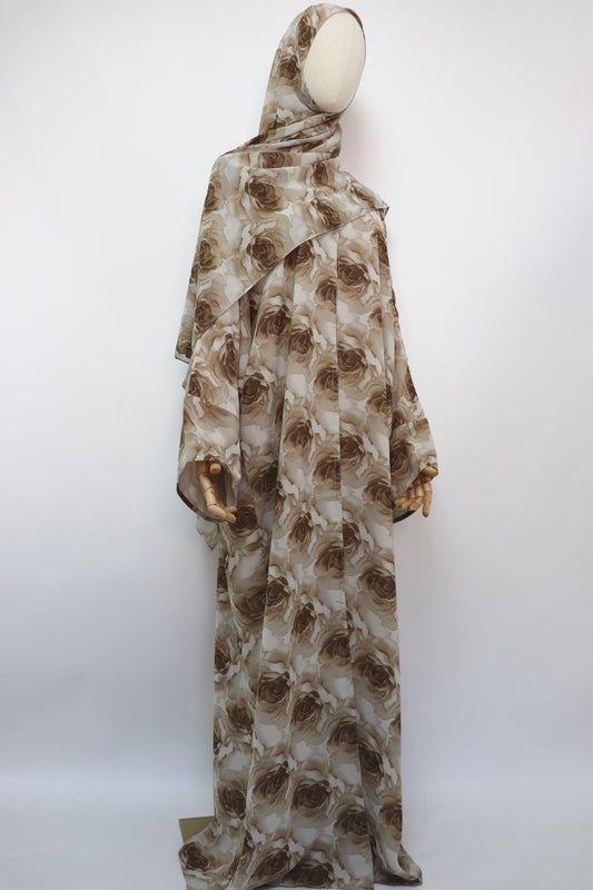 Floral Print Chiffon Open Abaya - Taupe Brown