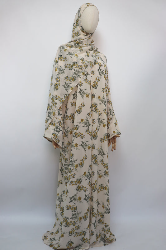 Floral Print Chiffon Open Abaya - Creamy Mustard