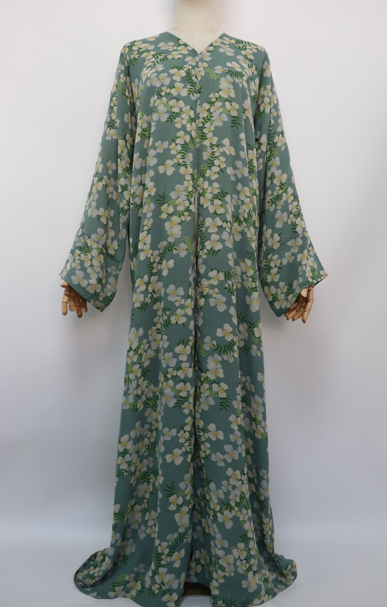 Floral Print Chiffon Open Abaya - Sage / Cream