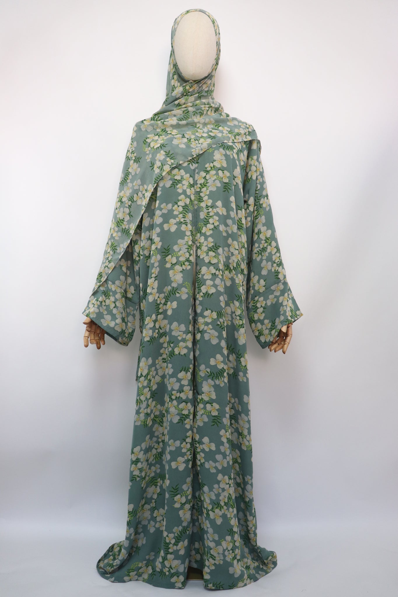 Floral Print Chiffon Open Abaya - Sage / Cream