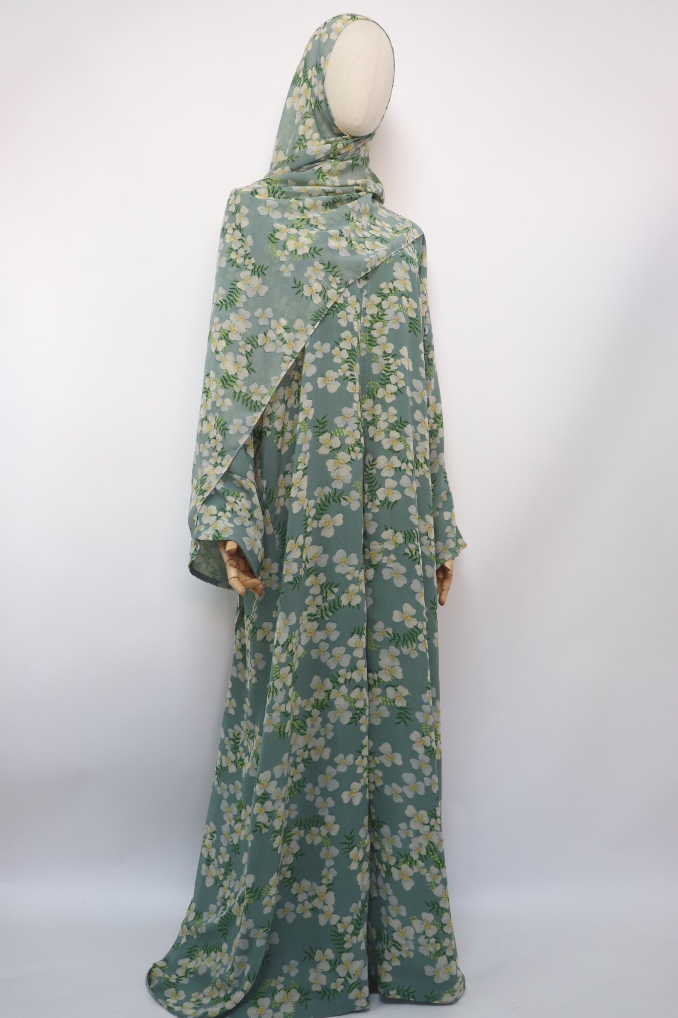 Floral Print Chiffon Open Abaya - Sage / Cream
