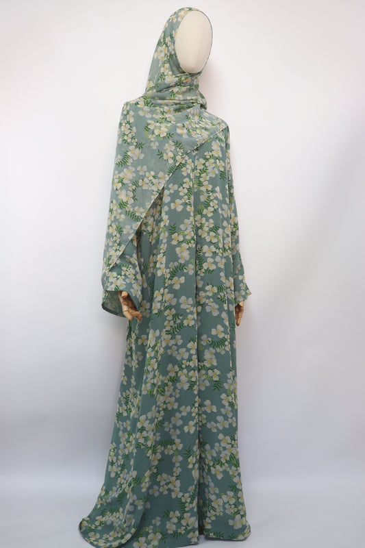 Floral Print Chiffon Open Abaya - Sage / Cream