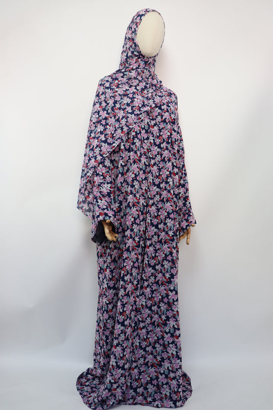 Floral Print Chiffon Open Abaya - Navy / Pink