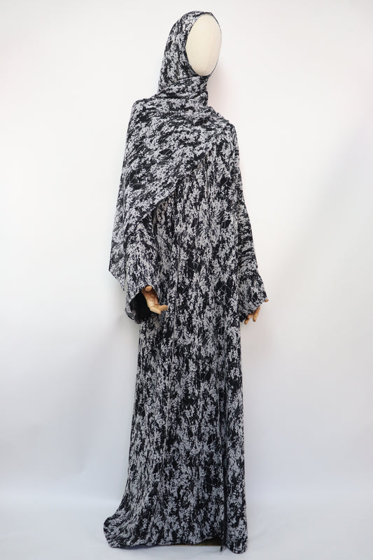 Floral Print Chiffon Open Abaya - Black / White