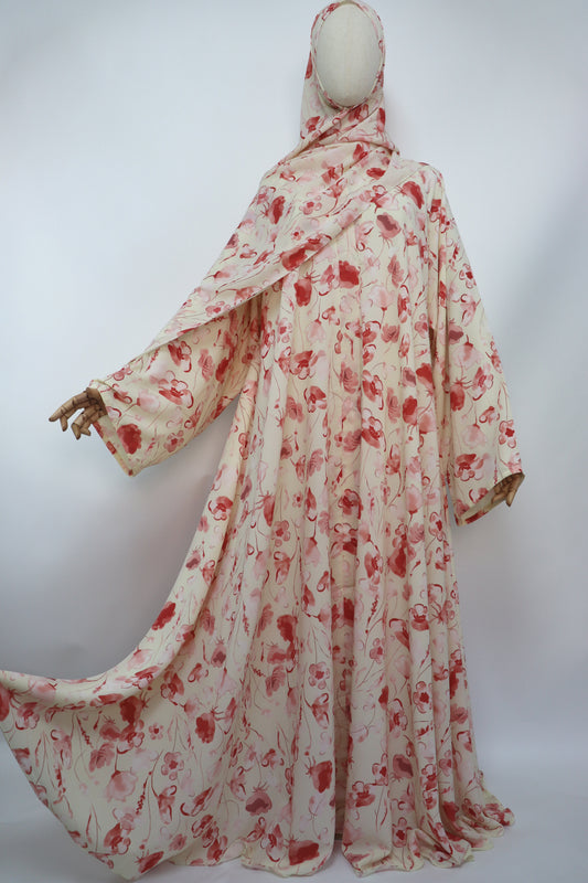 Floral Print Chiffon Open Flare Umbrella Abaya - Creamy Peach
