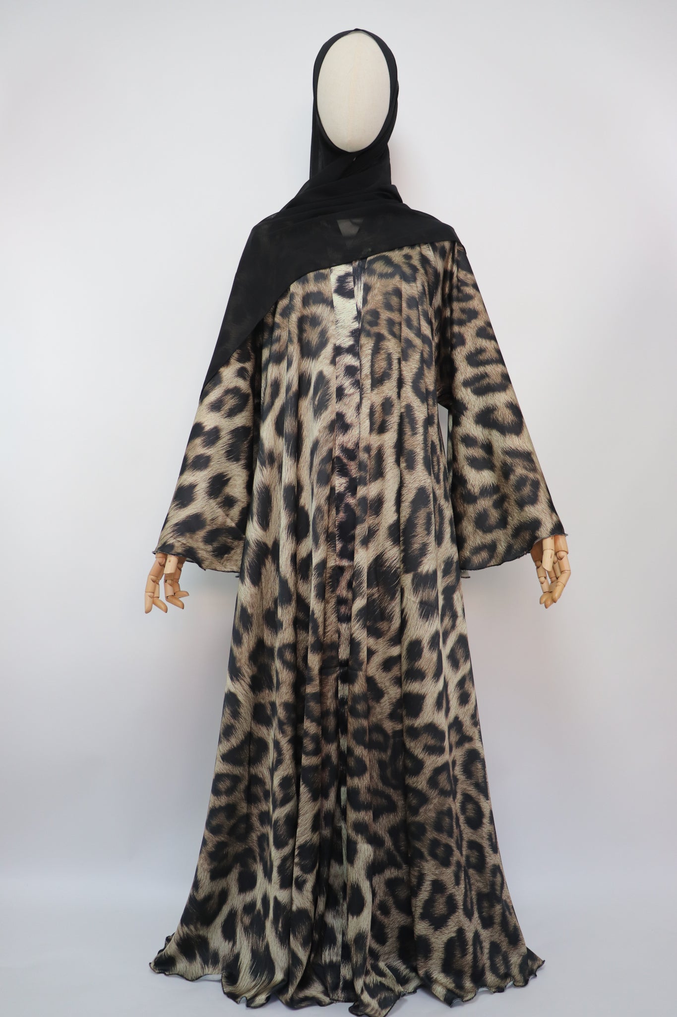 Open Flare Print Satin Umbrella Abaya - Leopard