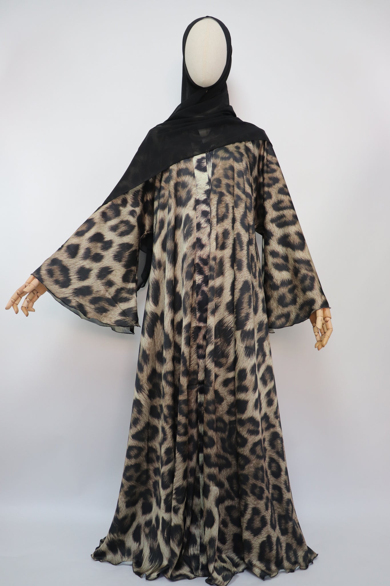 Open Flare Print Satin Umbrella Abaya - Leopard
