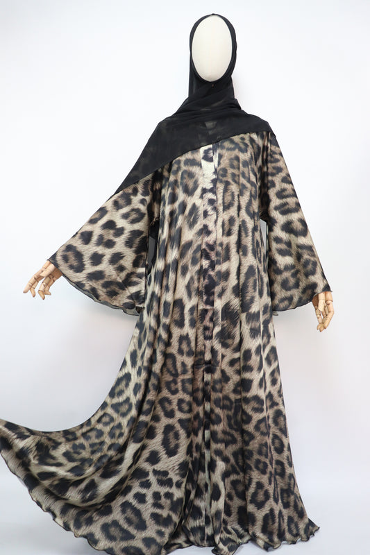 Open Flare Print Satin Umbrella Abaya - Leopard