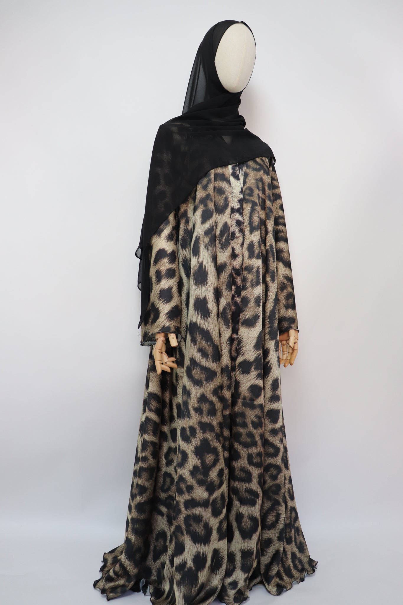 Open Flare Print Satin Umbrella Abaya - Leopard
