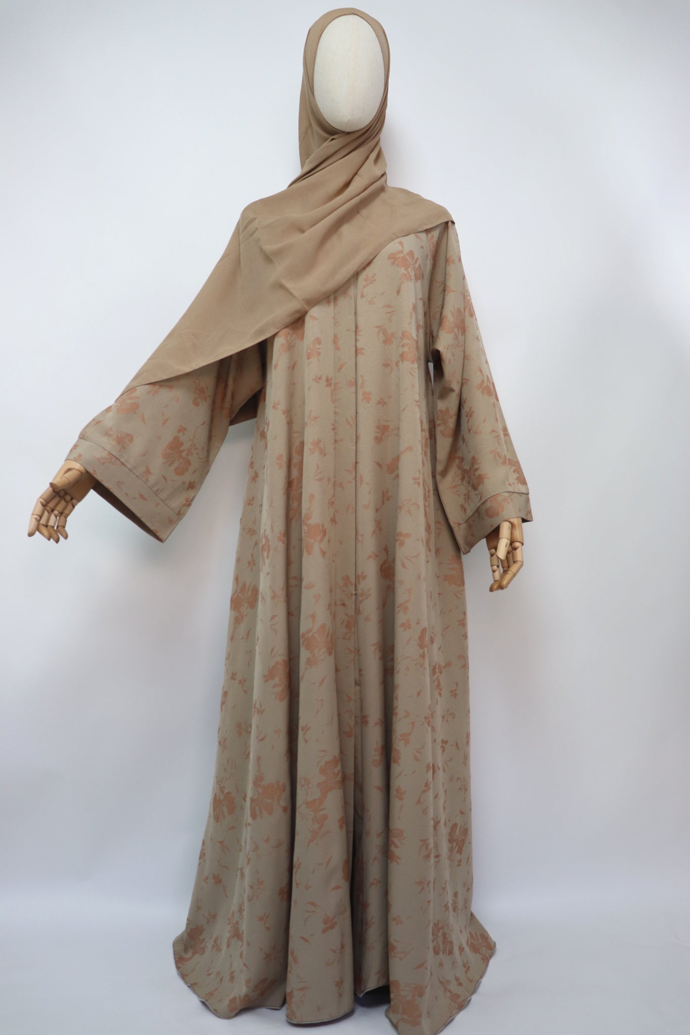 Open Flare Foiled Umbrella Abaya - Sand