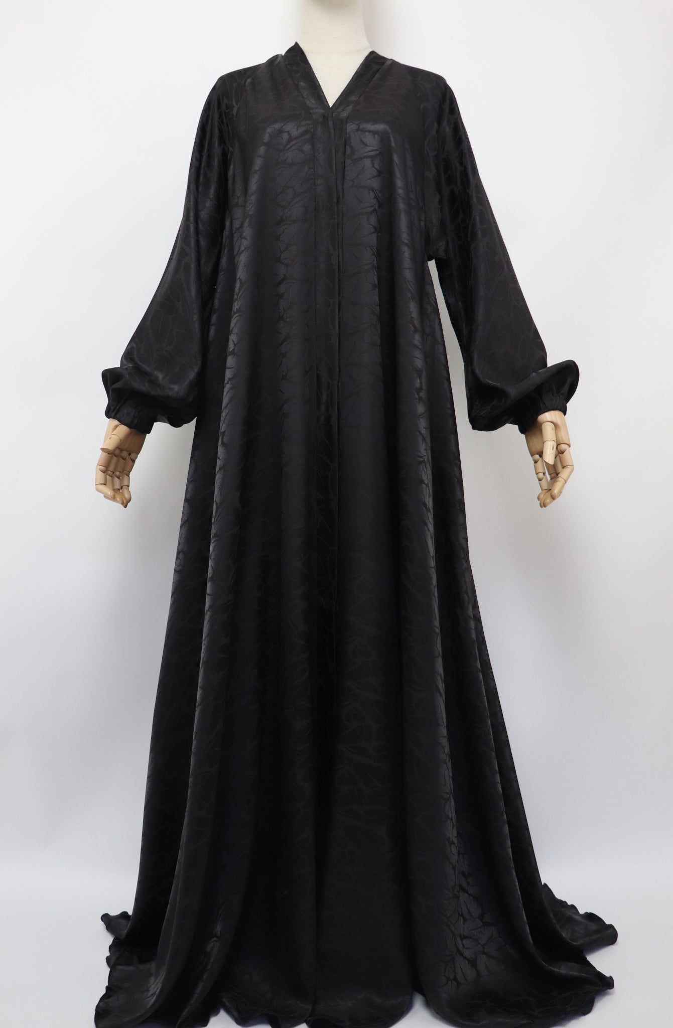Open Flare Satin Jaquard Cuffed Umbrella Abaya - Blackish Brown
