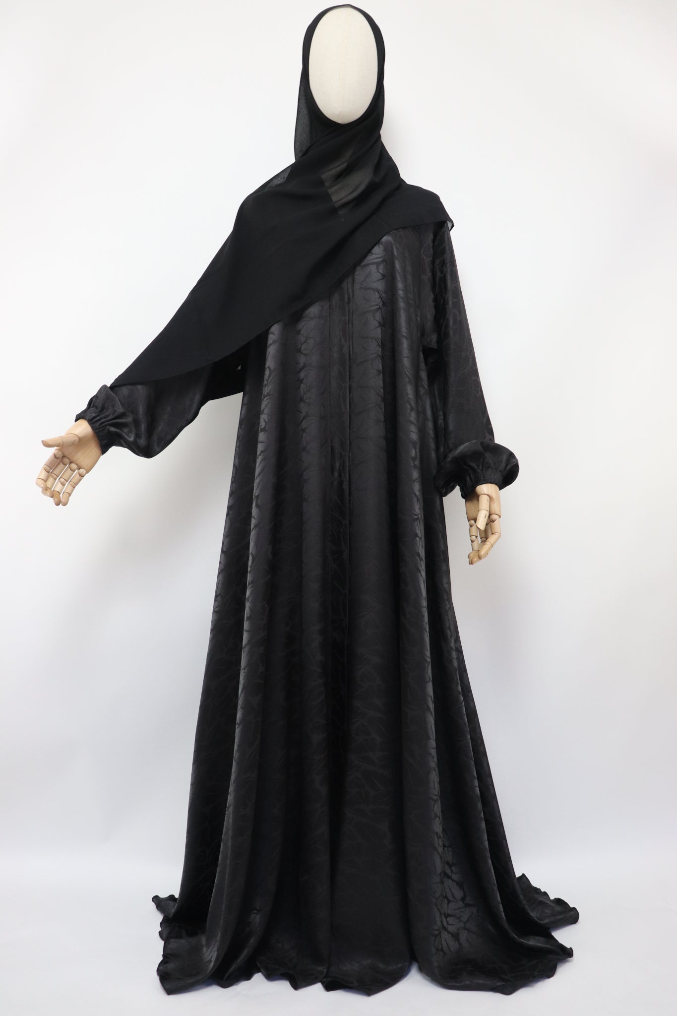 Open Flare Satin Jaquard Cuffed Umbrella Abaya - Blackish Brown